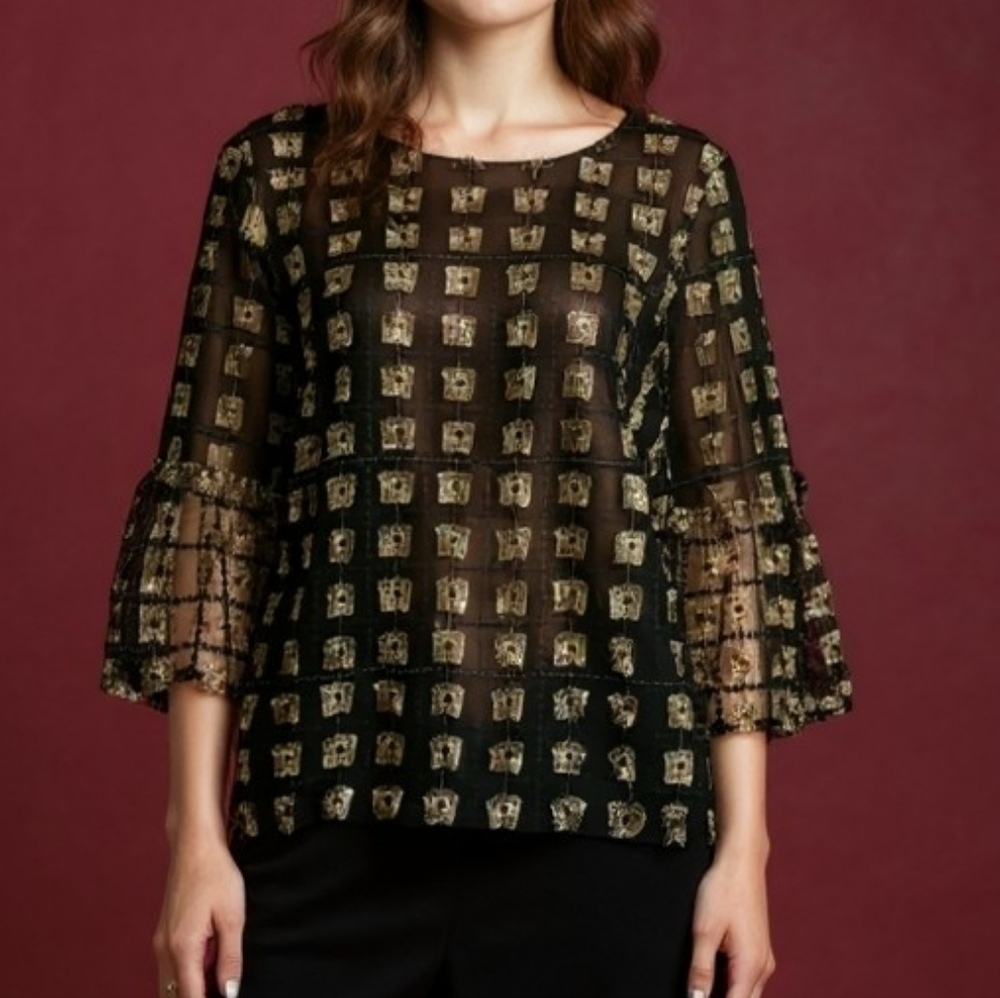 CALVIN KLEIN Sheer Mesh Overlay Geometric Bell Sleeve Castlecore Party Blouse